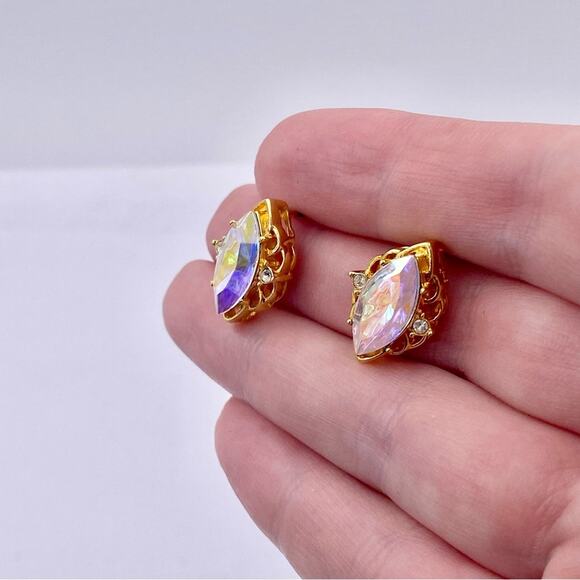 LIND 14K HGE Aurora Borealis Rhinestone Navette Post Earrings - Picture 13 of 13